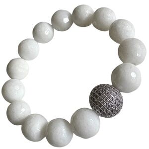 White Jade Statement Bracelet | 12mm Beaded Stretch | Silver Pavé Luxe Accent